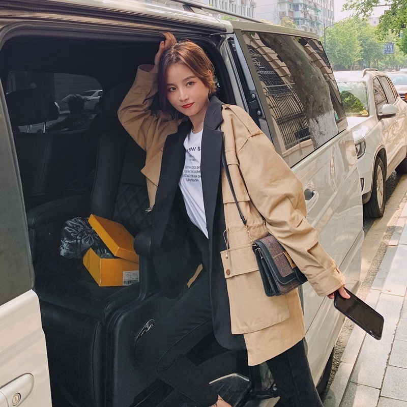 [EWQ] New Autumn Full Sleeve Notched Pocket Drawstring Wild Coat Fashion Women Jackets Safari Style Loose Patchwork LJ201128