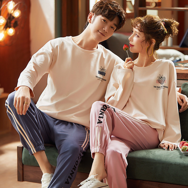Couple's Pajamas Set Sleepwear Women Mens Cotton Pijama Long Sleeve Sleepshirt Homewear Pyjamas Round Neck Nightwear Lounge Wear 201105