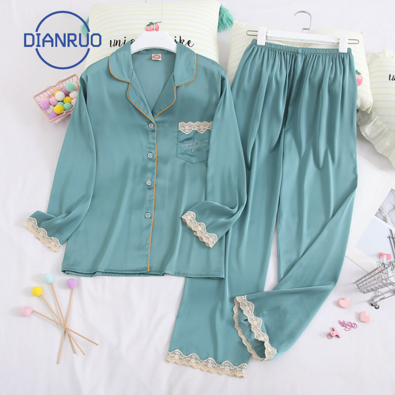 DIANRUO Autumn Sleepwear Women New Silk Ladies Long Sleeve Lace Home Wear Set Korean Version Girls Sweet Pajamas Q377 201027