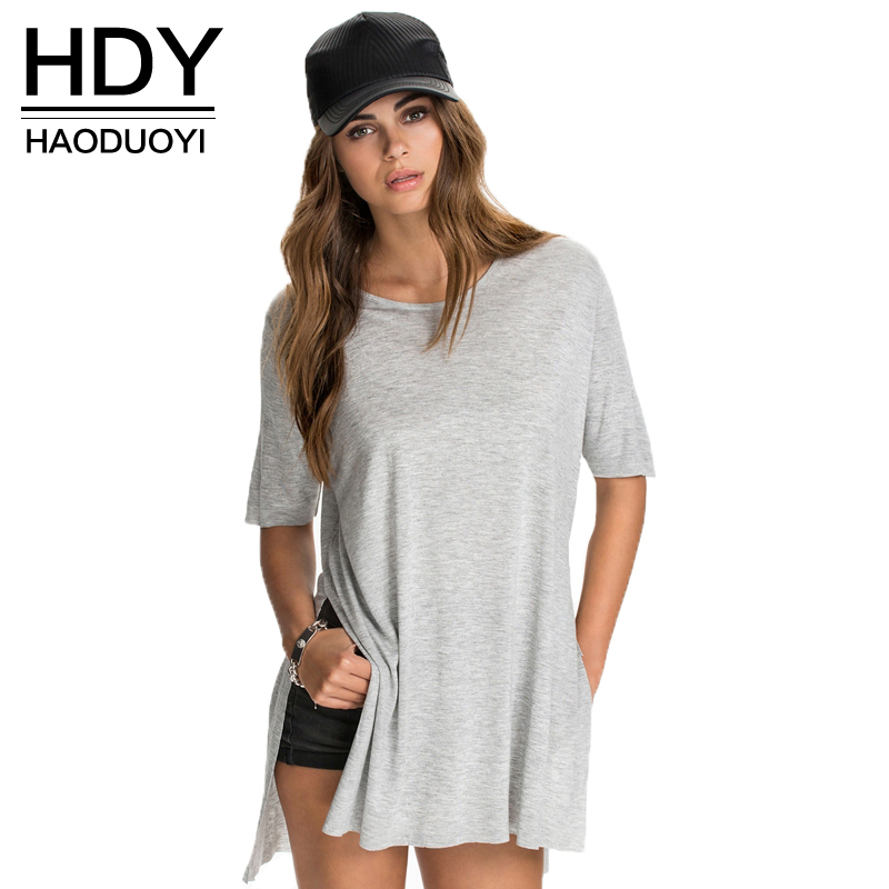 

HDY Haoduoyi O Neck Short Sleeve Solid Side Split Tops Casual Loose High Low Tees Brief Preppy Style Soft Cotton T Shirt Y200110, Black