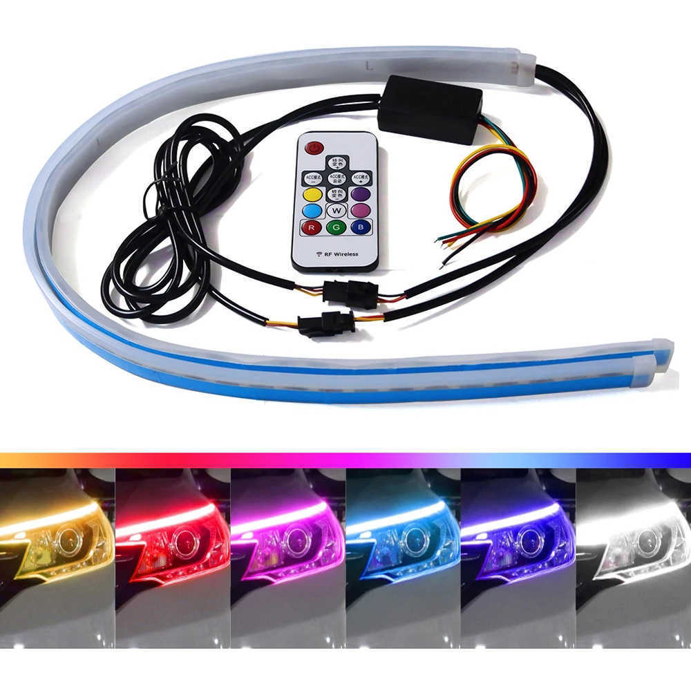 2Pcs Daytime Running Flexible Soft Tube Guide 45 60cm Car LED Strip Turn Signal Light RGB Remote Control DRL Headlight
