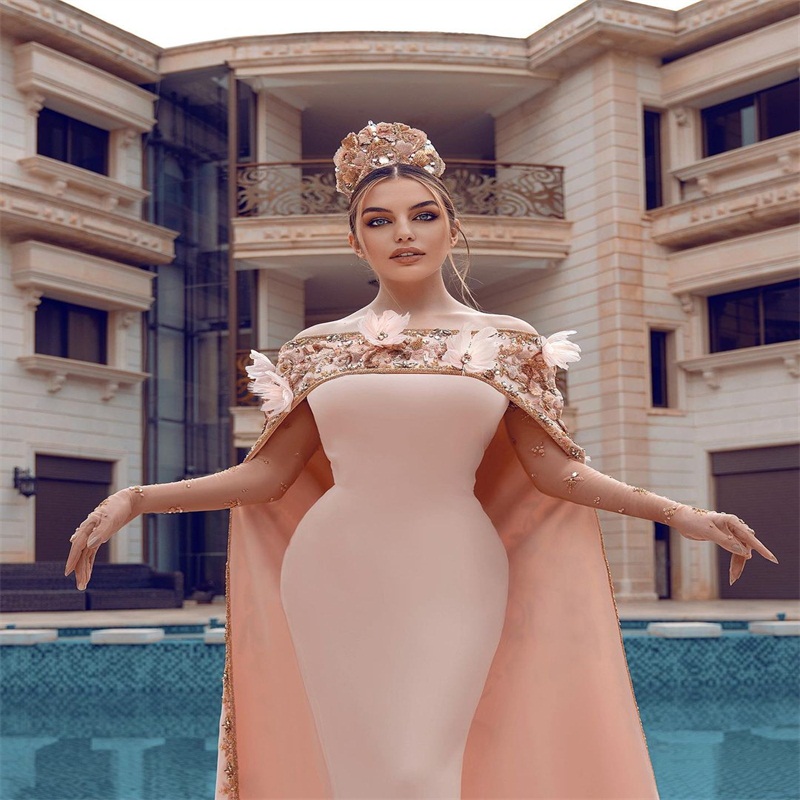 Elegant Mermaid Prom Dresses With Wrap Hand Made Flower Long Sleeves Beaded Evening Dresses Formal Prom Party Gowns Special Occasion Dress