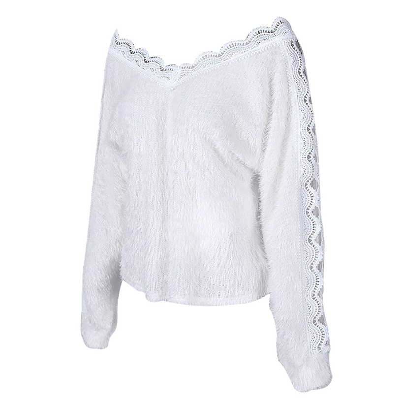 Women Autumn Spring Fashion Lace V-Neck Pullover Sweater Streetwear Long Sleeve Oversize Casual Loose Thin Tops 201221