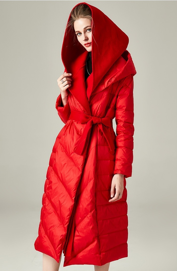 Obrix Female Duck Down Filler Warm Jacket Hooded Knee Length Cashmere Full Sleeve Coat Belt Winter Parka For Women 201017