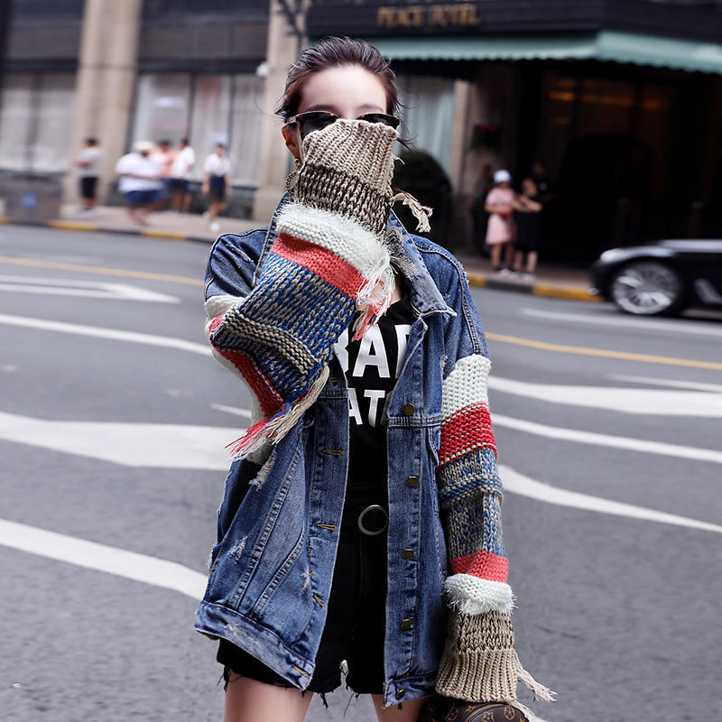 Denim outerwear women's spring and Autumn New Women's loose Korean student splicing medium long denim RO28 201017