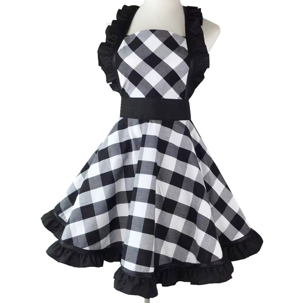 XiuMood Woman's Apron For Home Kitchen Cooking Dining Accessory Black And White Buffalo Plaid Retro Full Aprons Bib F1214