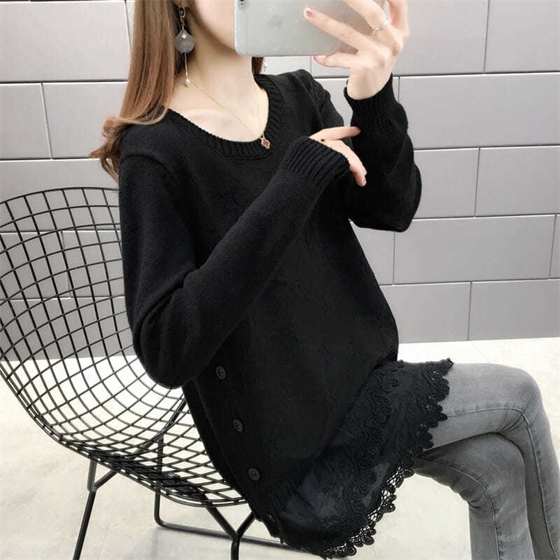 Lace Stitching Knitted Sweater Women Single-breasted Decorative Mid-length Loose Bottoming Pullover Jumpers Female Spring 201225