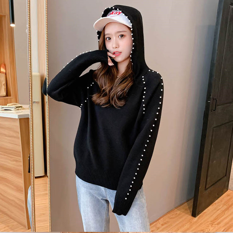 New Fashion Autumn and Winter Women's Hooded Sweater Pure Color Female Spring Long Sleeve Knitwear Students Knitted Tops 201023