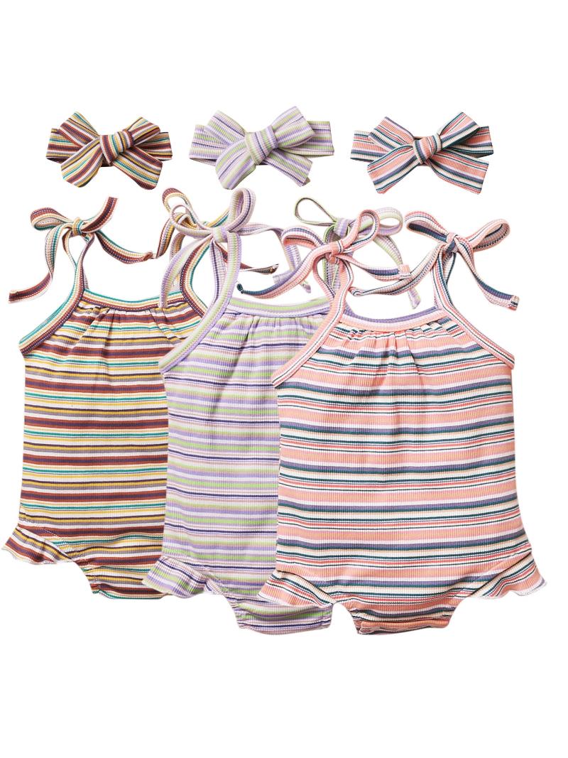 New 2Pcs Toddler Summer Outfits Multicolor Stripes Tied Spaghetti Strap Romper + Bowknot Headband for Baby Girls, Brown
New 2Pcs Toddler Summer Outfits Multicolor Stripes Tied Spaghetti Strap Romper + Bowknot Headband for Baby Girls, Brown