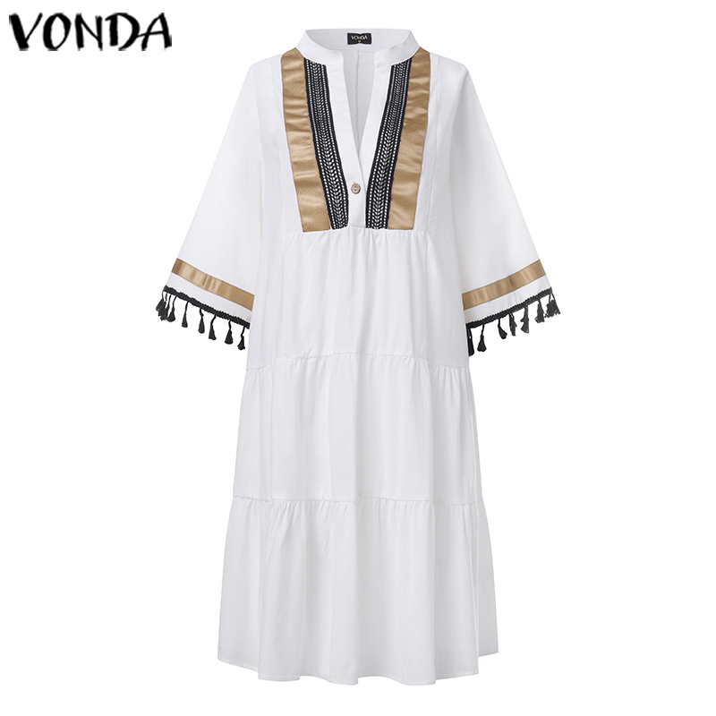 VONDA Summer Beach Dress Women Sundress Vintage Print Sundress V Neck Party Dress Bohemian Vestido Casual Robe Plus Size T200619