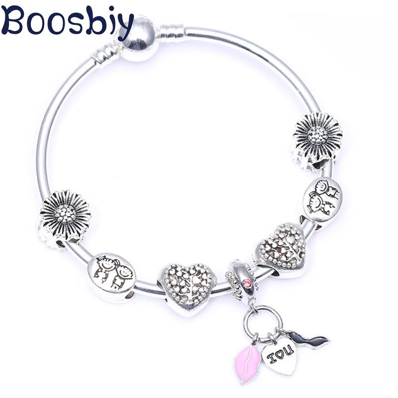 Charm Bracelets Arrival Fashion Jewelry Gift Silver Plated Charms Bracelet & Bangles With Pink Heart Beads For Women