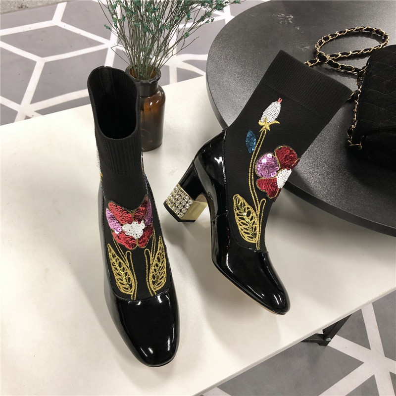 Fashion Sequins embroidery women high heel boots genuine leather patchwork elastic yarn personality chunky heel half boots, Black
Fashion Sequins embroidery women high heel boots genuine leather patchwork elastic yarn personality chunky heel half boots, Black