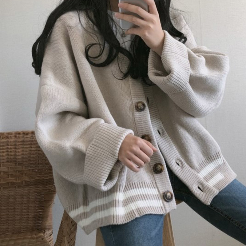 Autumn Korean V-neck Sweater Knitted Cardigan Women Harajuku Loose Long Sleeve Coat Femme Oversize Knitting Sweaters Female 201030