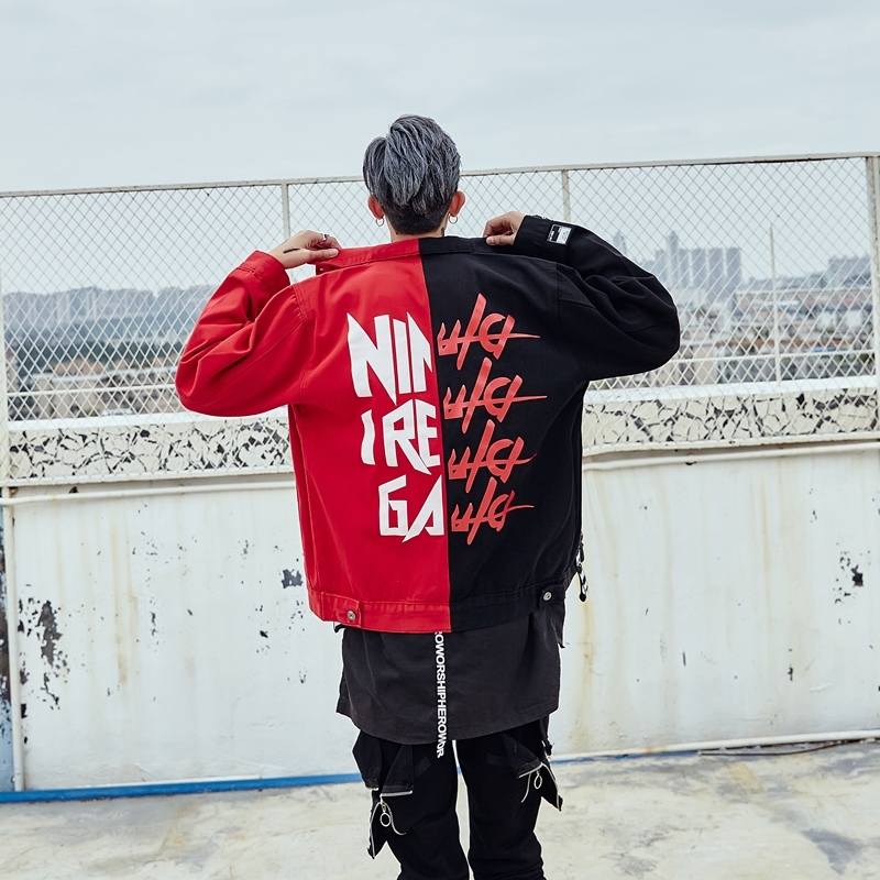 Streetwea Men Black Red Patchwork printed Jeans Jackets Washed Distressed Letter Ribbon Hip Hop Men motorcycle Denim Jacket 201218