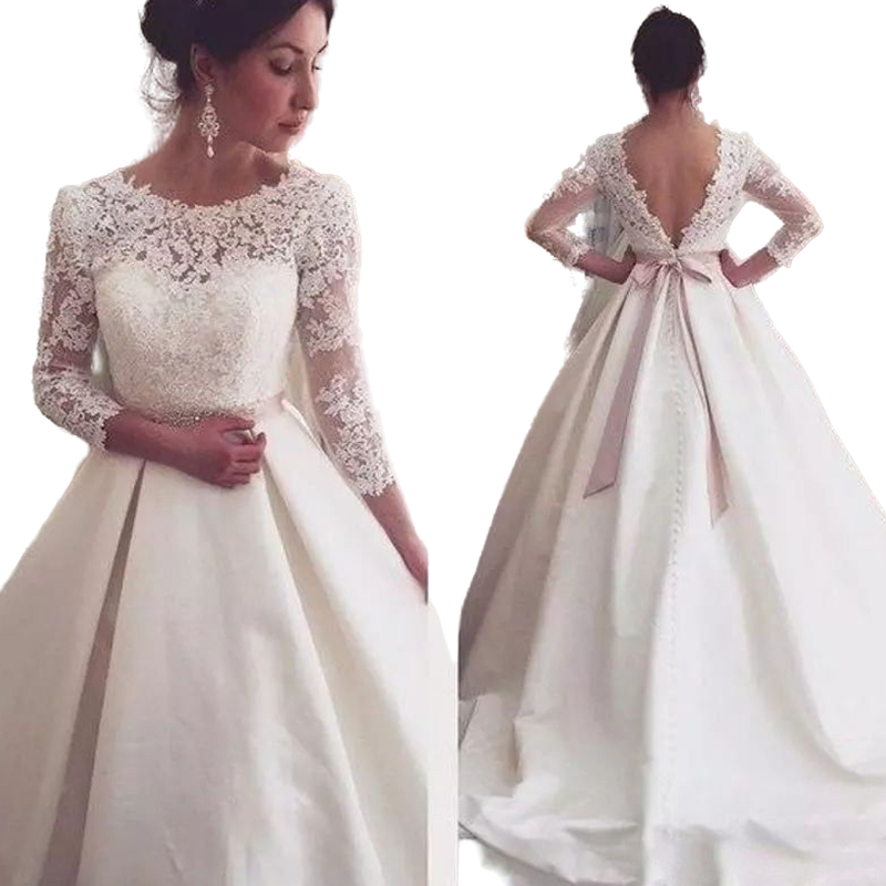 Sexy Backless A Line Wedding Dress For Bride 2022 Lace 3/4 Long Sleeve Bow Sash Ivory Garden Satin Wedding Gowns Crew Neck Buttons Bridal Dresses Vest