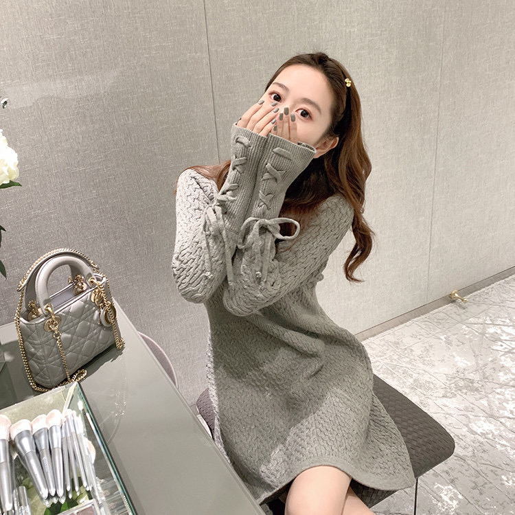 Elegant Korean Lady Office Dress Lace Up Long Sleeve Knitting Sweater Dresses Winter O-neck Mini Vestidoes Female Streetwear 201125