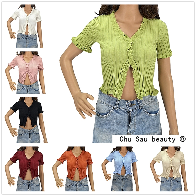 Chu Sau beauty Sweet Chic Cute Knitted Shirts Women V-neck Single Breasted Good Elasticity Crop Cardigan Sweaters Tops 201224