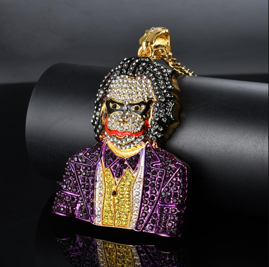 Fashion Iced Out Large Cartoon Clown Cosplay Pendant Mens Hip Hop Necklace Jewelry 76cm Gold Cuban Chain For Men Women Free shipping Free shipping