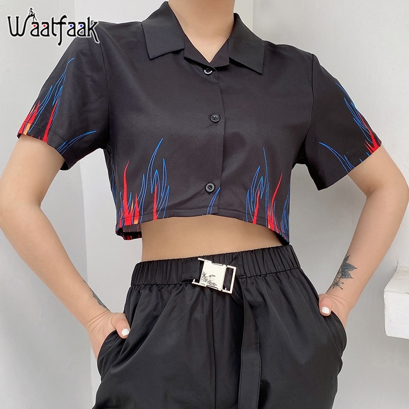Waatfaak Single Breasted Flame Print Crop Top Tee Shirt Women Turn-down Collar Short Sleeve T-shirt Black Casual High Street T200512