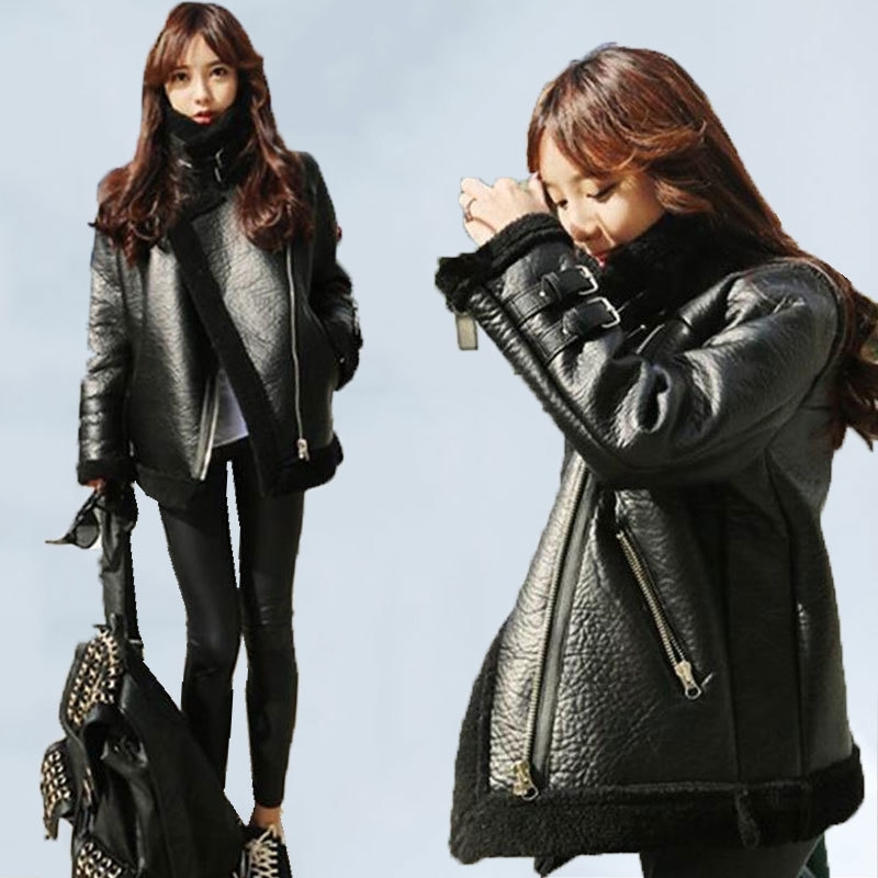 Plus Velvet Thick BF Wind Winter Short Jacket Women Korean Motorcycle Jacket PU Leather One Lamb Wool Jackets Female 328 201020