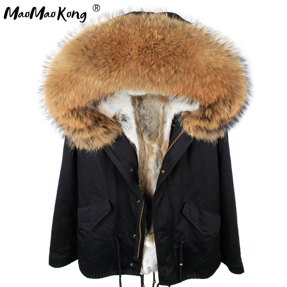 maomaokong Black fox fur Collar winter coat women jacket Natural Fur Bunny Lined Jacket Coats 201027