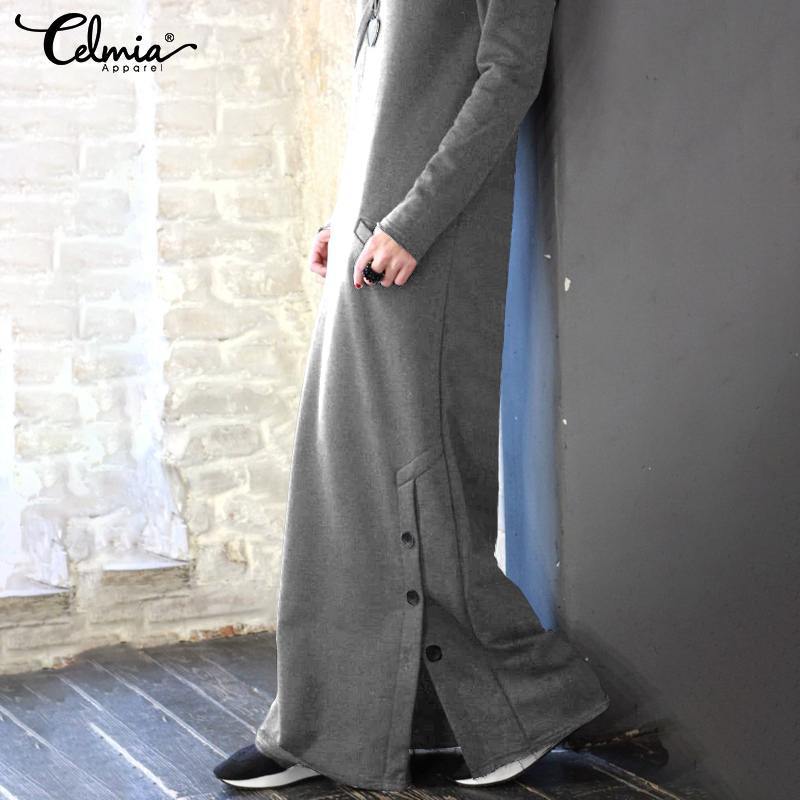 Women Sweatshirt Dress Autumn Winter Fleece Maxi Long Dress Casual Pullovers Long Sleeve Button Basic Vestidos 201008