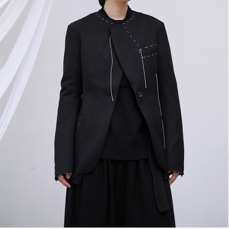 EAM Loose Fit Black Line Split Joint Short Jacket Lapel Long Sleeve Women Coat Fashion Spring Autumn 1M749 201017