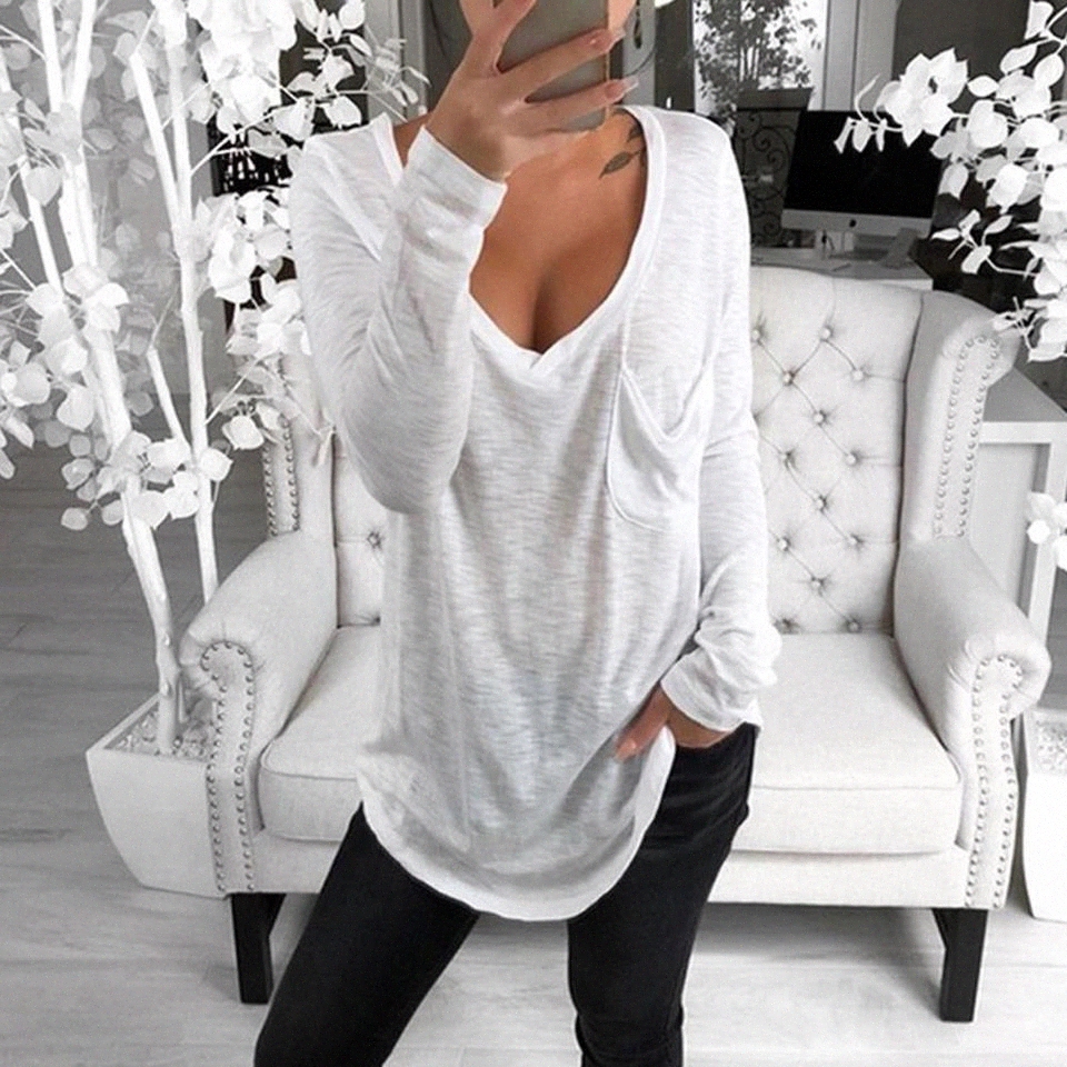 Sexy Women Solid Color Deep V Long Sleeve Top Front Pocket Loose Tunic T-shirt #9b86, White
Sexy Women Solid Color Deep V Long Sleeve Top Front Pocket Loose Tunic T-shirt #9b86, White