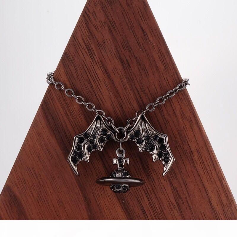 Queen MOTHER Demon Evil Titanium Black Wings Diamond Saturn Necklace Super Cool Punk Bat