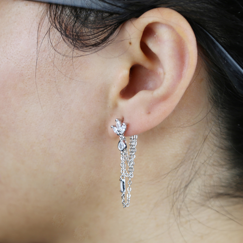 2024 Fashion Tassel Chain Tear Drop CZ Romantic Women Earring Triple Row Cross Chain Multi Piercing Women Earrings High quality