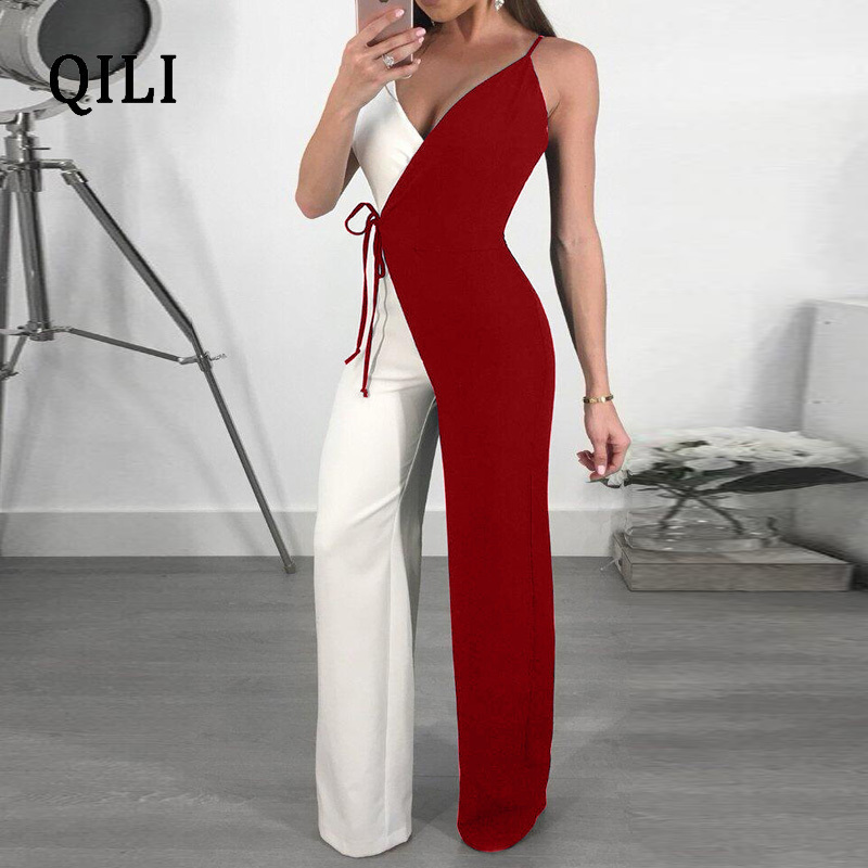QILI Women Wide Leg Jumpsuits Overall Spaghetti Strap Double Color Jumpsuit Romper Womens Casual Overalls Plus Size S-XXL T200107