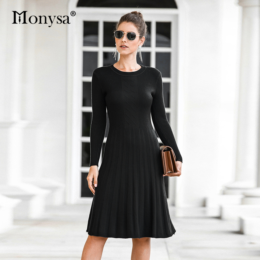 Casual Knitted Dress Women Fall Winter Long Sleeve Slim Fit Midi Dresses Ladies Pleated Sweater Dress Blue Black Brown 201110