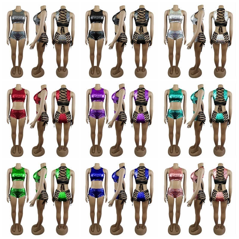 Festival Queen Holographic Crop Top and Hot Shorts Women 2 Piece Sets Sexy Lace Up Festival Party Rave Clothing Two Piece Set LJ201120