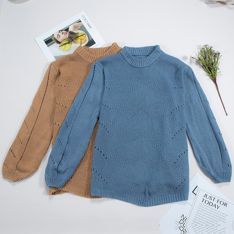 Turtleneck Hollow Out Knit Women's Sweater Pullover Winter Solid Lantern Sleeve Jumper For Women Crochet Female Sweaters 201017
