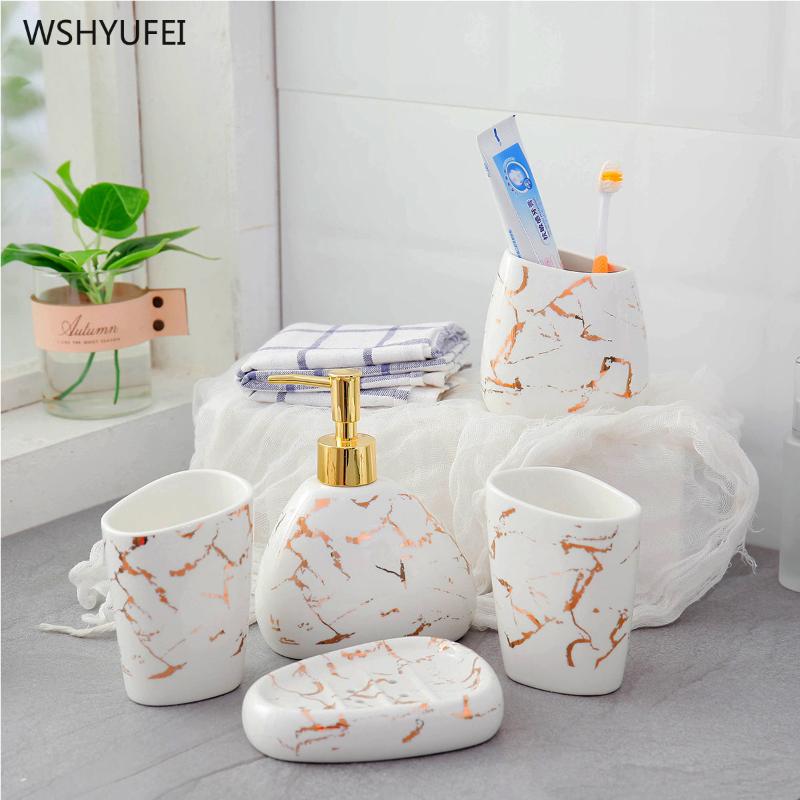 Simple ceramic imitation marble bathroom accessories set washing tool bottle mouth cup soap toothbrush holder household items
Simple ceramic imitation marble bathroom accessories set washing tool bottle mouth cup soap toothbrush holder household items
