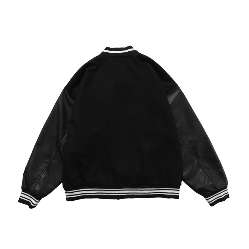 Hip Hop Baseball Jacket Men Furry Bone Letter Patch Color Leather Sleeve College Style Streetwear Harajuku Bomber Jacket Coat 201218