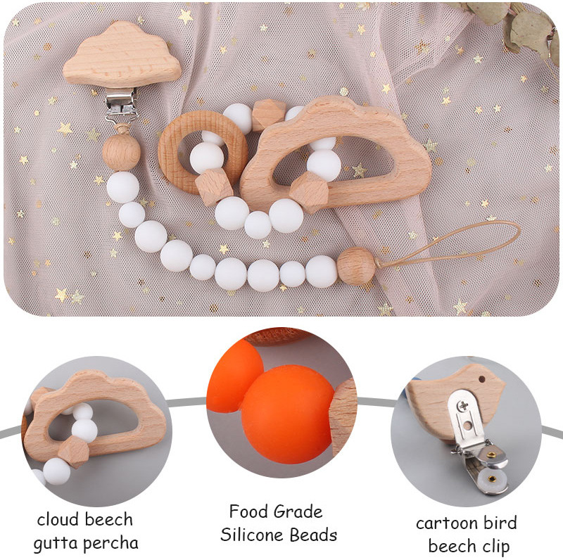 INS baby Safty Wooden Soothers & Teethers Cat Sun Star Shape Beads Ball Design Health Care Teething Training Infant Pacifier Anti-Drop Chain Set Over 