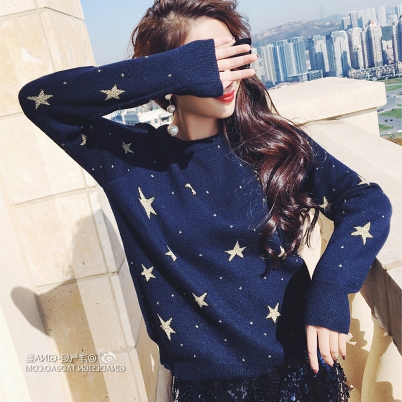Qooth Fashion Pullovers Sweater Women Stars Embroidery Women Woolen blends Full Sleeve Knitwear Jumper Female QH1903 201201