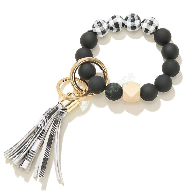 Leopard Frosted Wooden Bead Bracelet Strands Keychain Fashion Pattern Tassel Pendant Bracelets Women Girl Key ring Wrist Strap 7 Colors