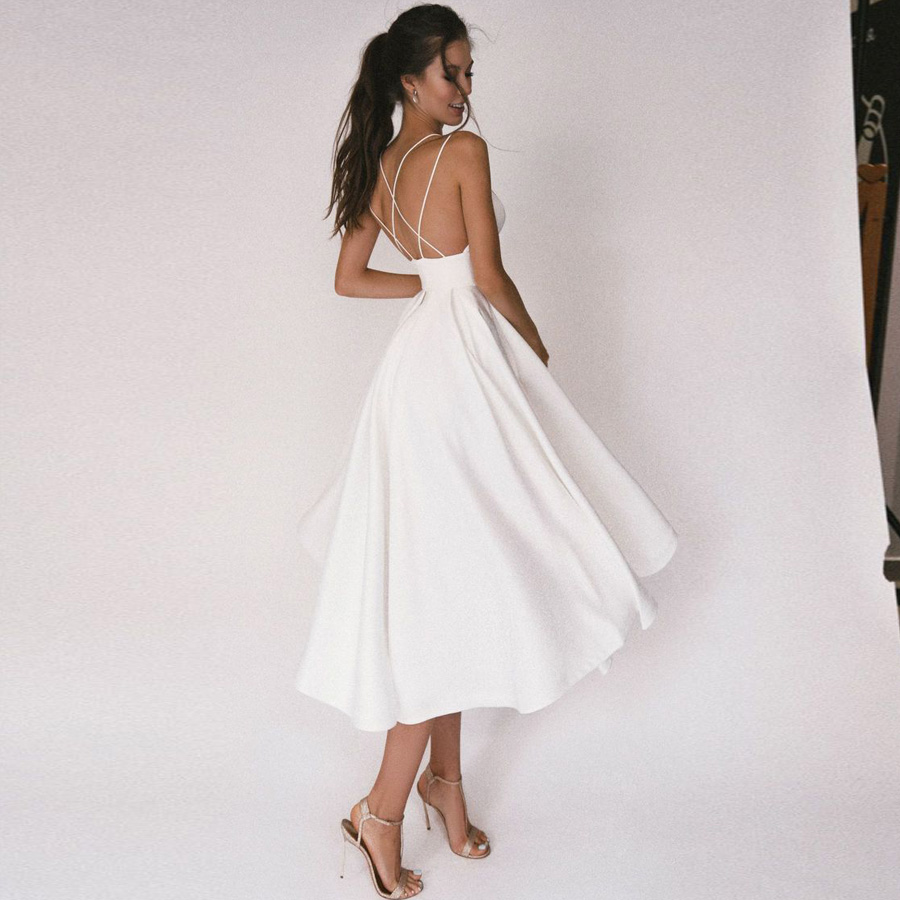 Sexy Short Wedding Dress 2025 Thin Straps Criss Cross Simple V Neck Satin Bridal Dresses A Line Vestidos De Noiva Bride Gown