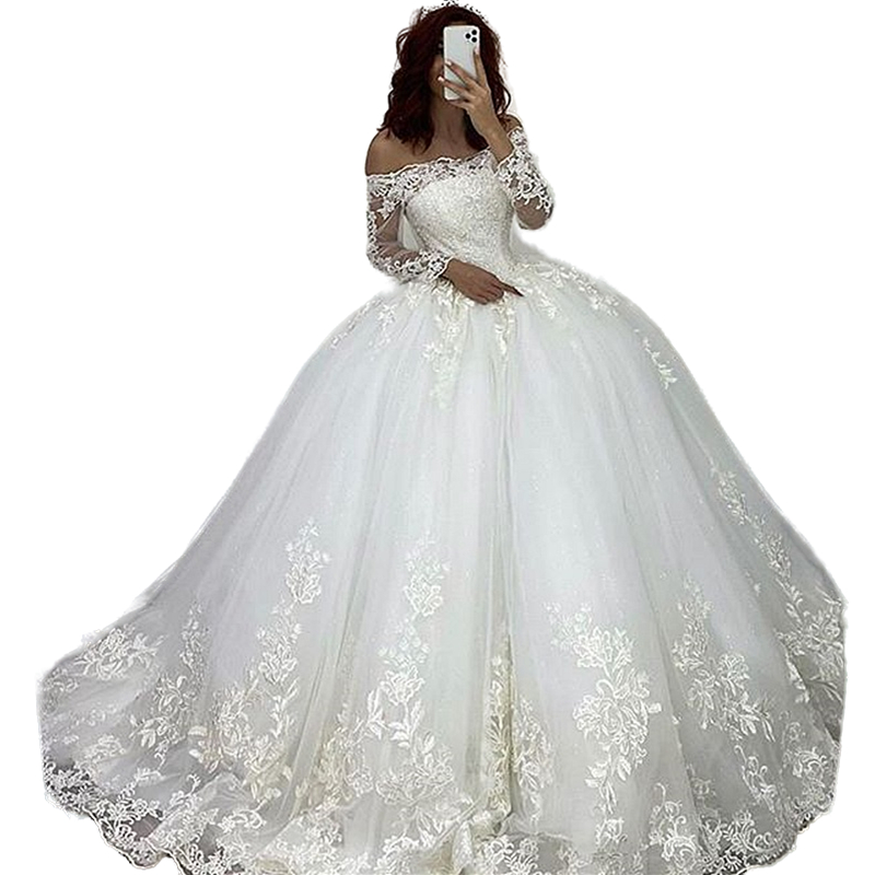 Dubai Gorgeous Princesa Ball Gown Dresses Long Sleeve Lace Appliques Wedding Gowns Vestido De Novia Casamento Chapel Bride Dress Plus Size