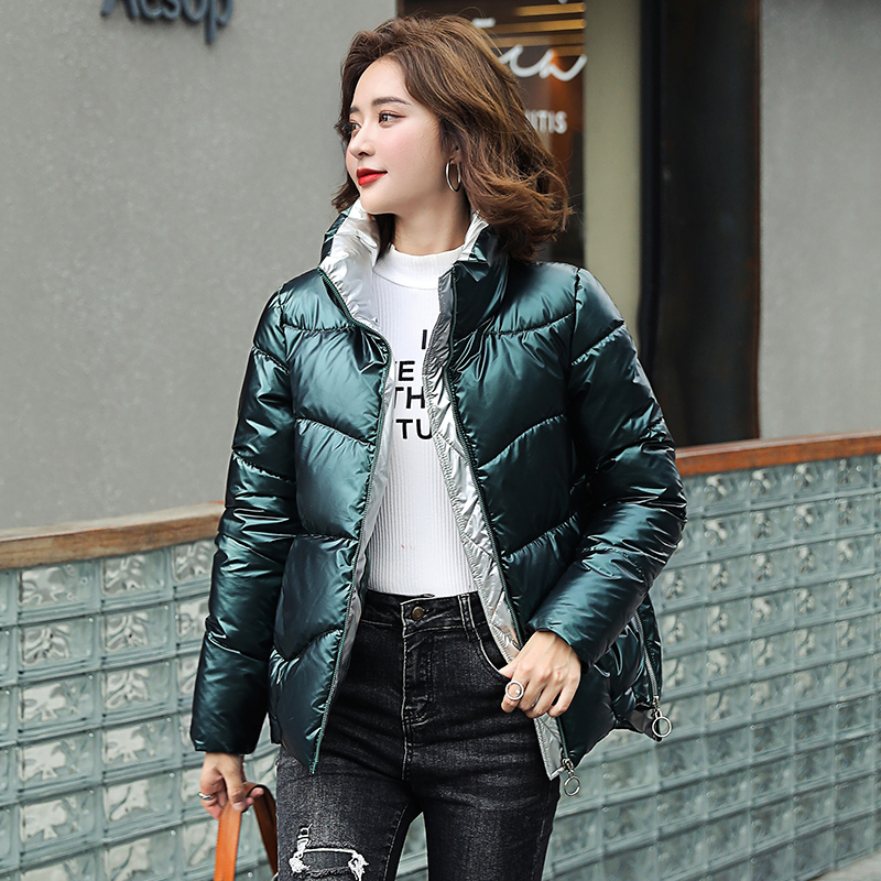 New Women Parkas Short Glossy Down Cotton Jacket Coats Zipper Padded Waterproof parka Pocket Stand collar Shiny coat 201019