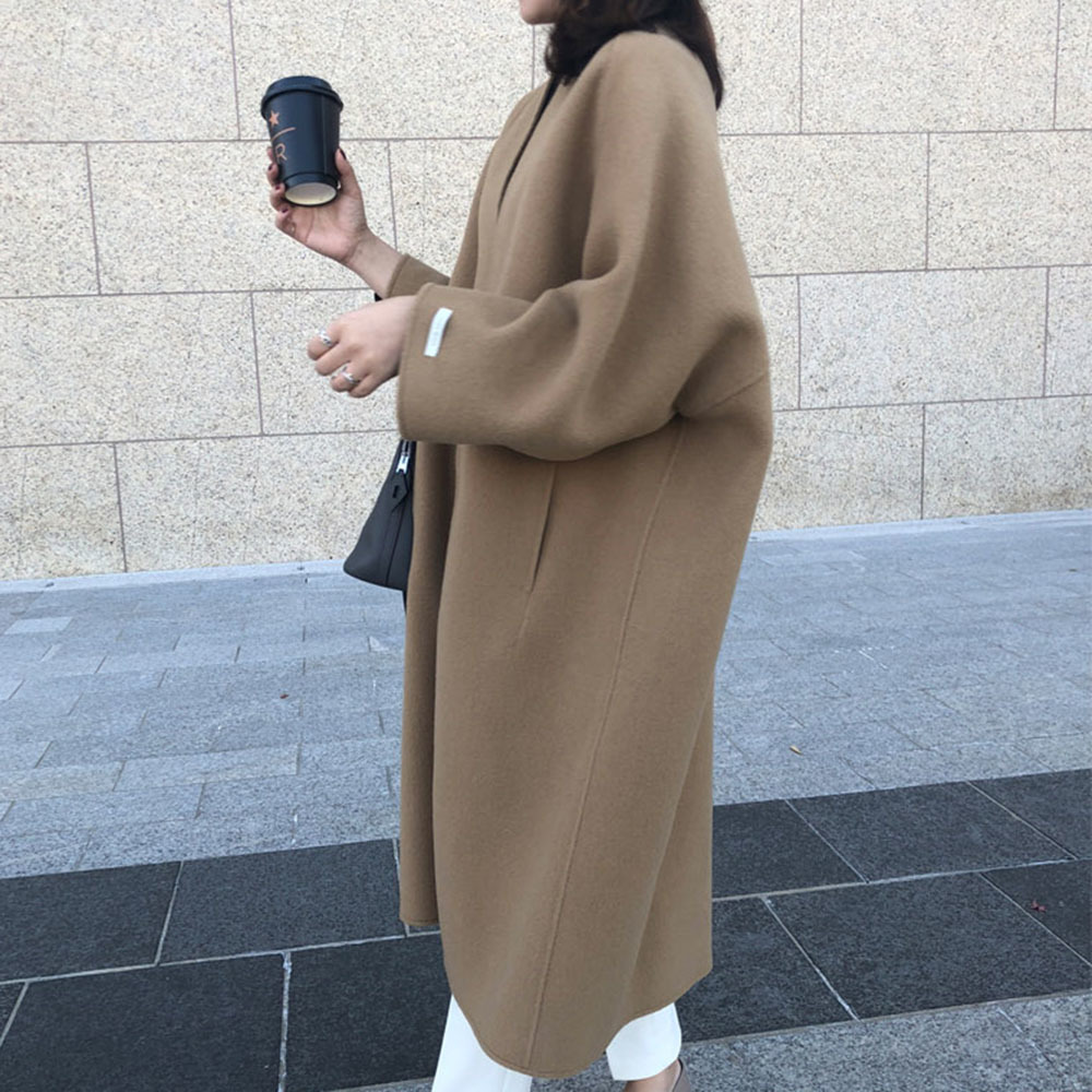 minimalist korean oversized long coat women autumn winter wool blend overcoat streetwear elegant female woolen jacket coat 201216
