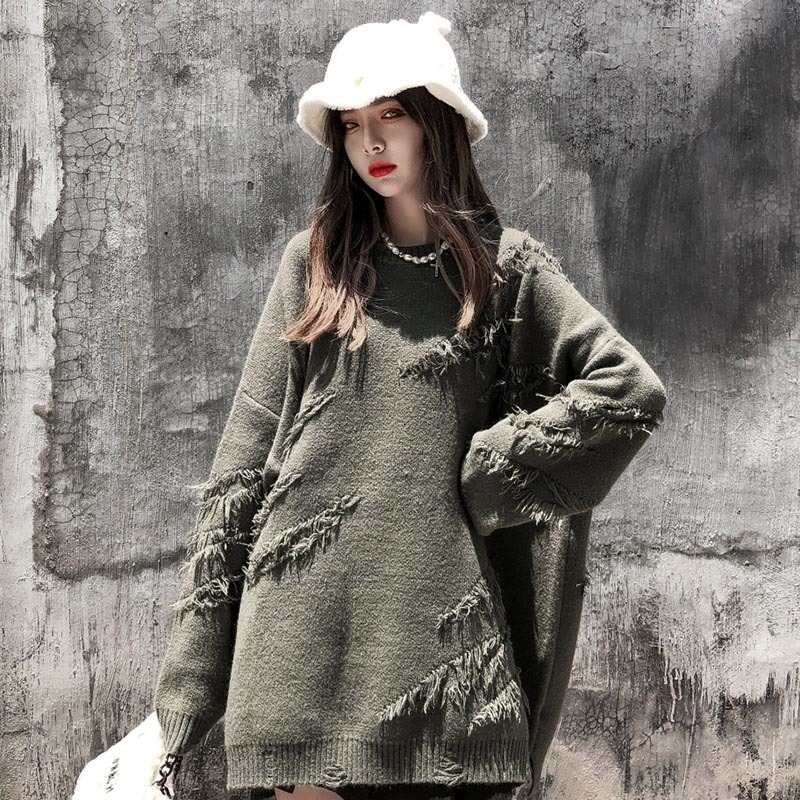 Hip Hop Streetwear Knitted Sweater Men Vintage Retro Plain Ripped Sweater Pullover Cotton Harajuku Casual Loose Sweater 201203