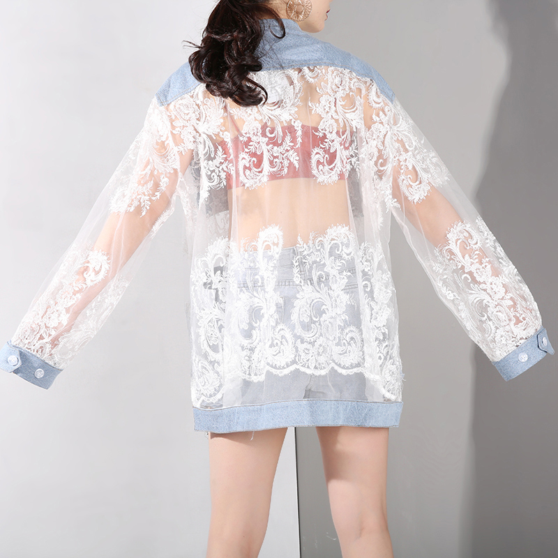 EAM Loose Fit Blue Perspective Denim Big Pocket Jacket Lapel Long Sleeve Women Coat Fashion Spring Autumn JU301 201017
