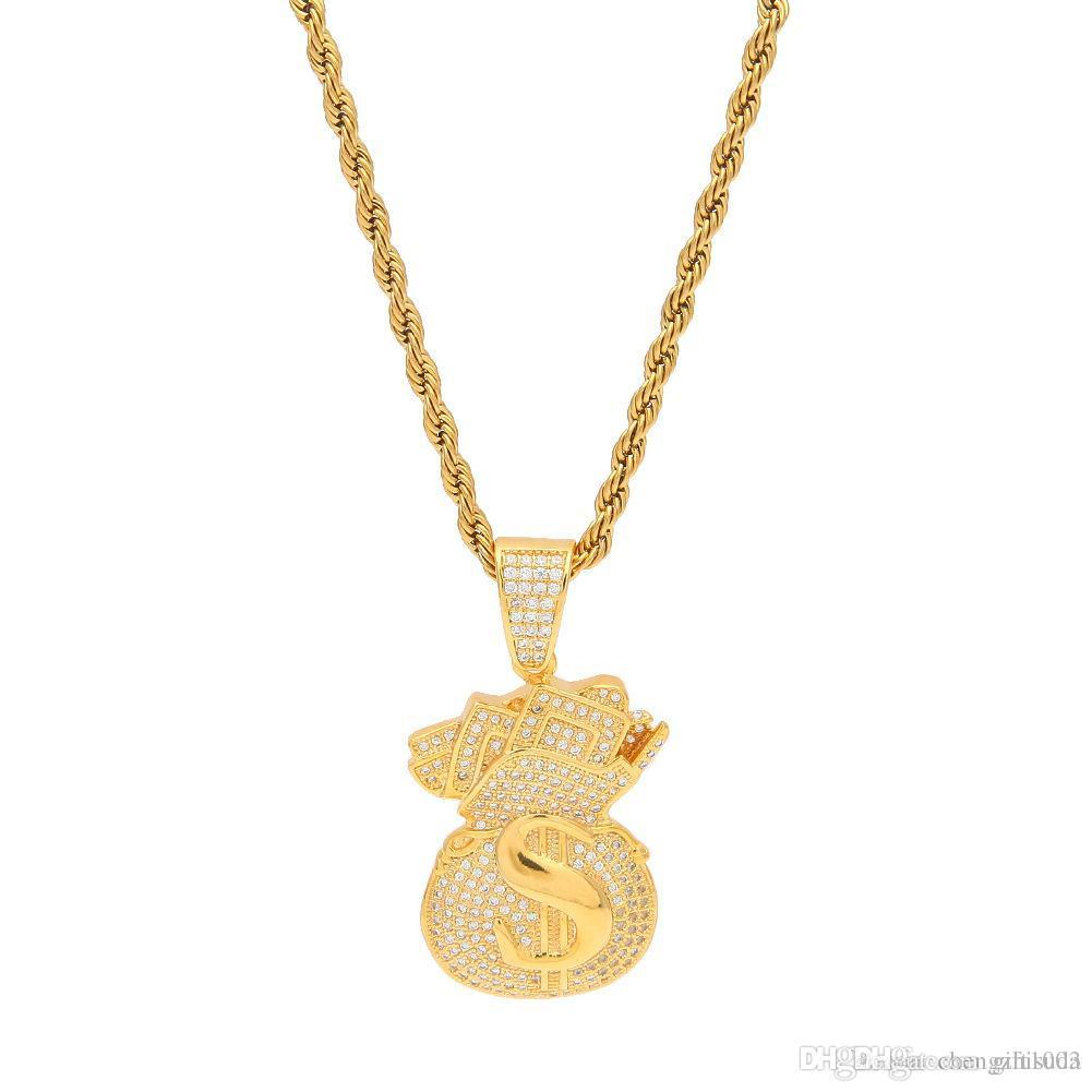 New Arrivel Iced Out Cubic Zircon Money Bag Pendant Necklace Hip Hop Gold Sier Color Men Charm Chain Jewelry Free shipping Free shipping