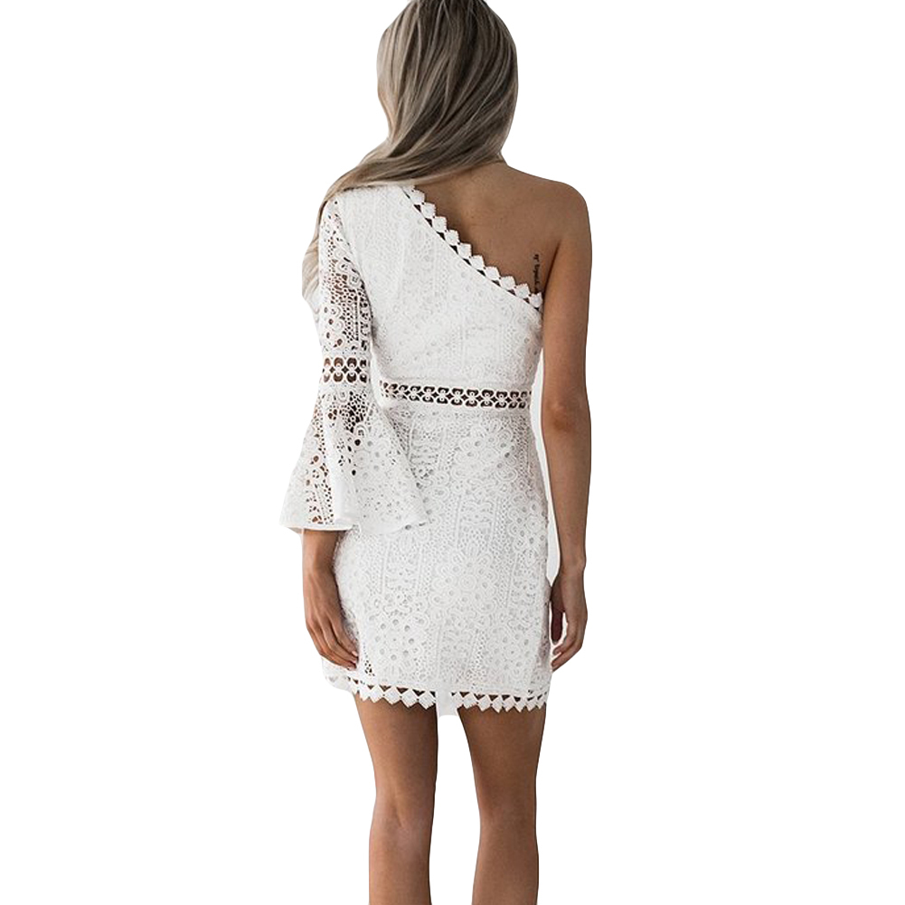 Anself New Sexy Hollow Out Dress Women Elegant White Lace Dress One Shoulder Flare Sleeve Clubwear Short Club Party Dress T200604