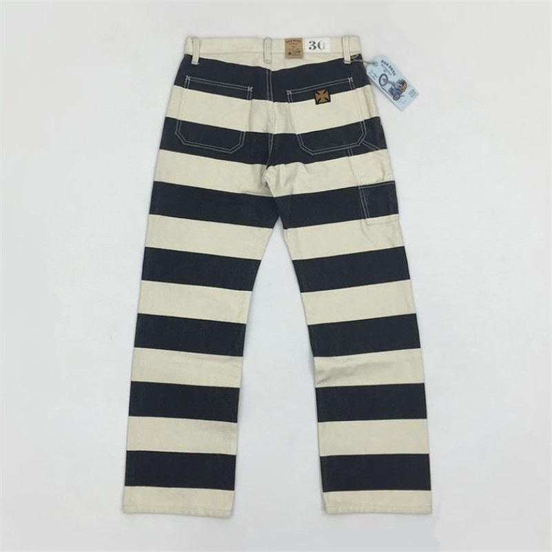 BOB DONG 16oz Prison Pants Multi-Pockets Motorcycle Black White Striped Trousers 201109