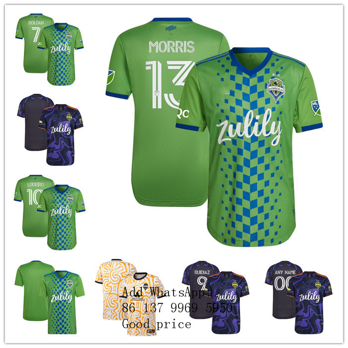 

Custom Mens women youth Seattle''Sounders FC 9 Raúl Ruidíaz 10 Nicolas Lodeiro 7 Cristian Roldan green purple 2021/22 New Heritage Authentic Player Jersey