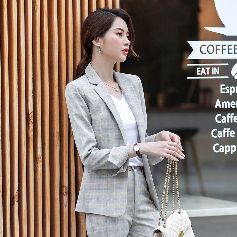 Temperament Women's Plaid Suit Pants Sets Autumn high quality slim plaid ladies jacket suit Casual trousers Twopiece 2019 New T200818